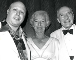 E.J. Gold posing with Stranger in a Strange Land author Robert Heinlein and his wife Ginny